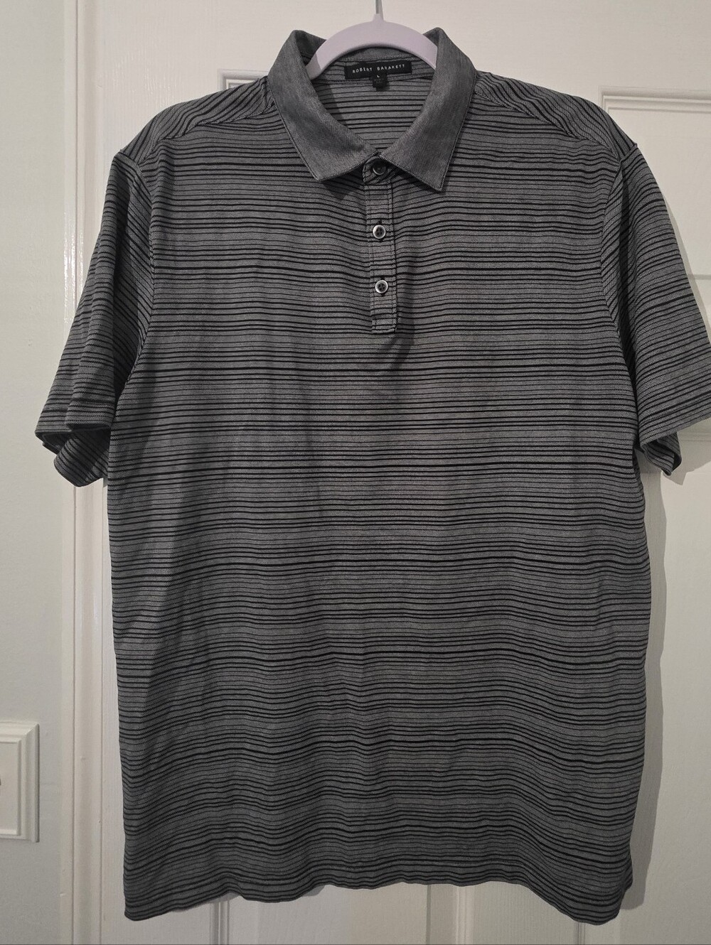 Robert Barakett Gray & Black Striped Polo Sz L
